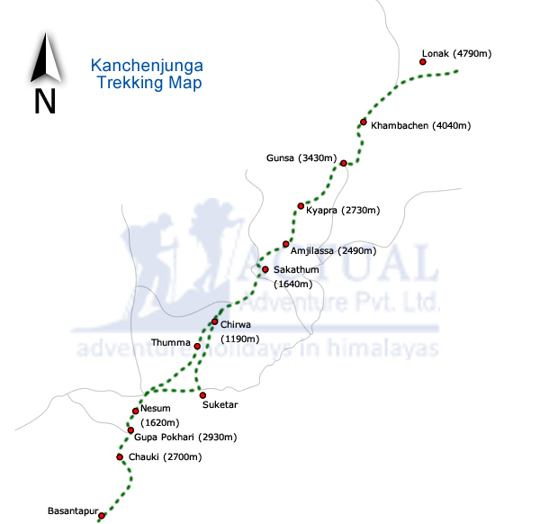 Route map for Kanchenjunga Base Camp Trek